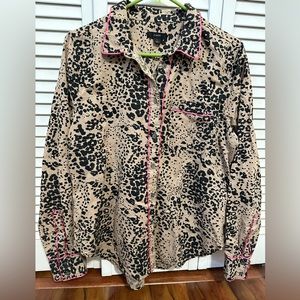 J Crew leopard linen blouse with pink satin trim - size L